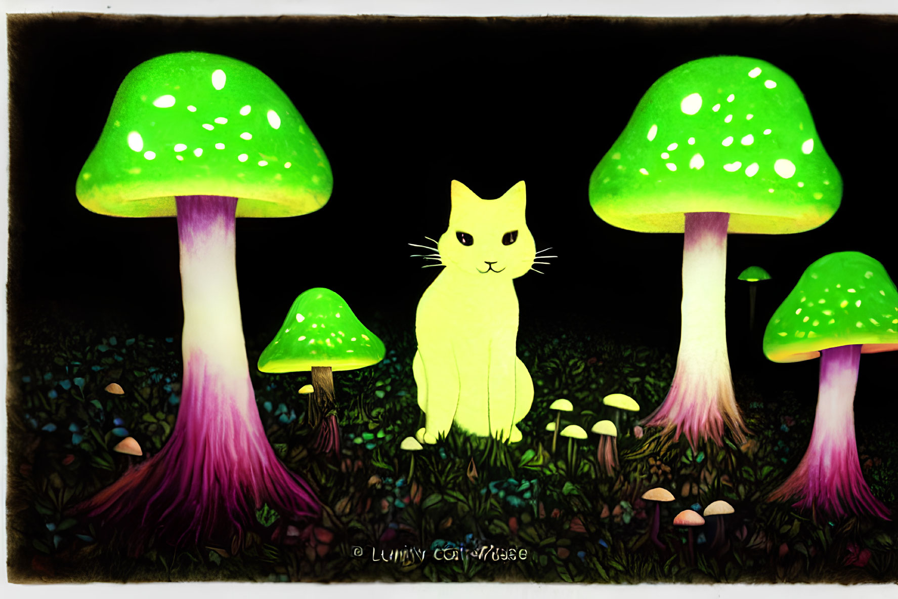 Yellow Cat Among Glowing Green Mushrooms in Fantasy Setting