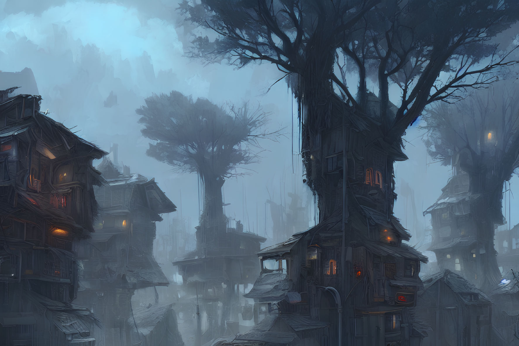 Fantasy village with mist, towering trees, wooden houses, and glowing windows