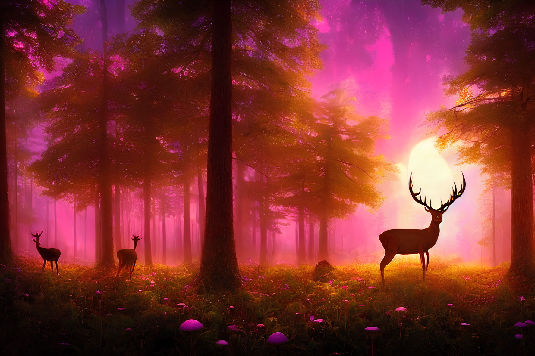 Sunrise forest scene with purple hues, fog, deer silhouettes, and white mushrooms