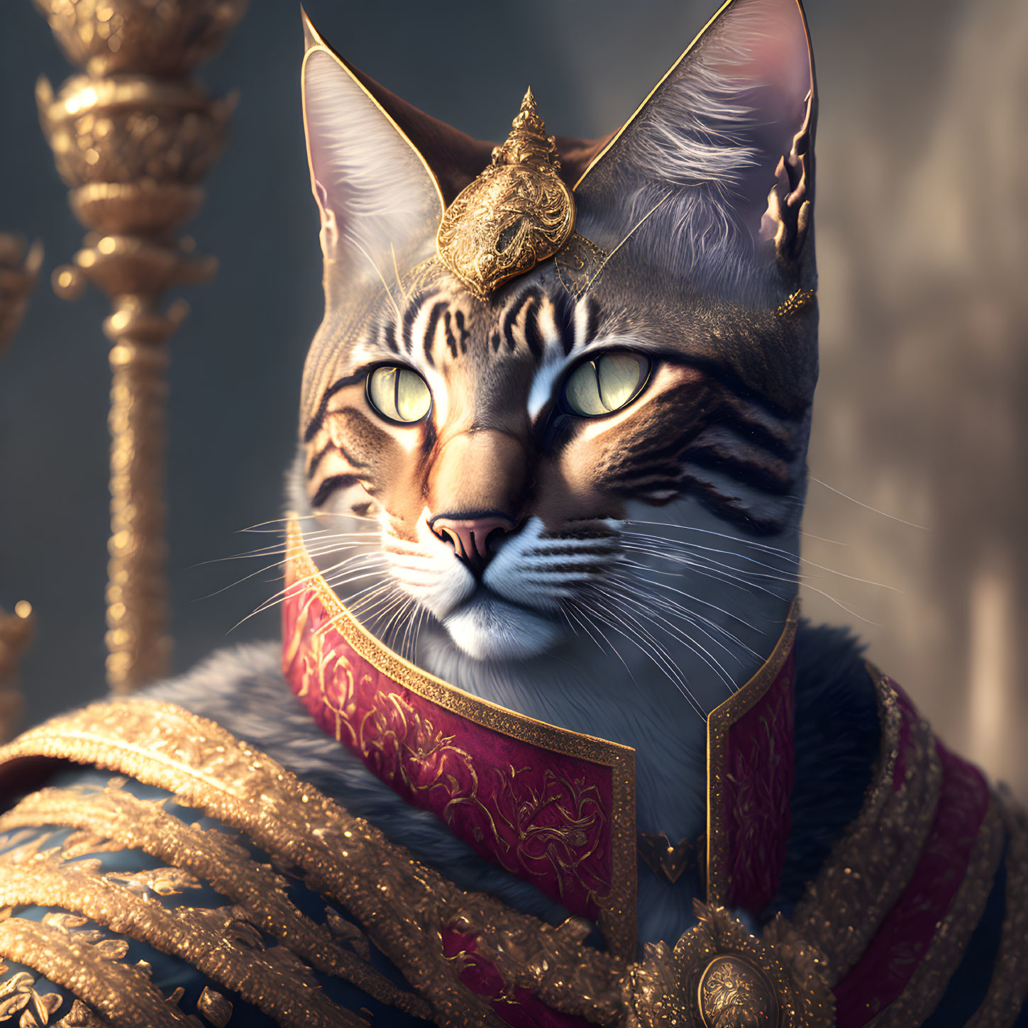 Regal cat in gold and red costume exudes royal elegance