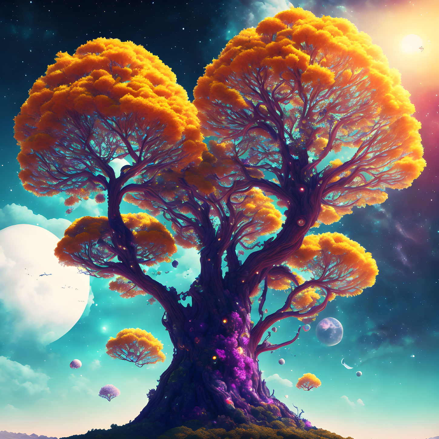 Vibrant surreal landscape with massive tree, moons, and distant sun.