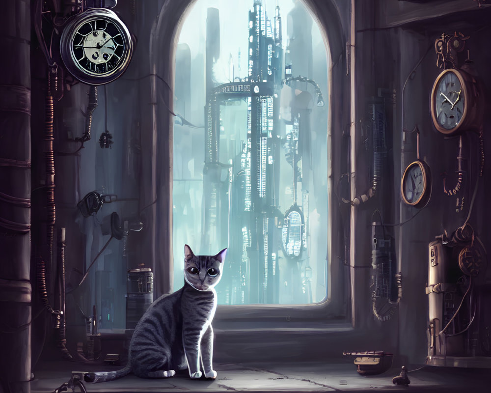 Cat surrounded by clocks and steampunk gadgets gazes at futuristic cityscape