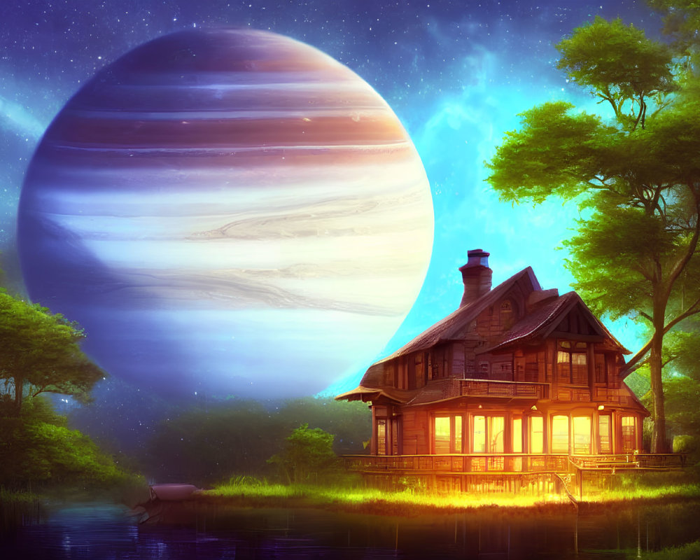 Cozy wooden house by a lake with giant planet and starlit sky