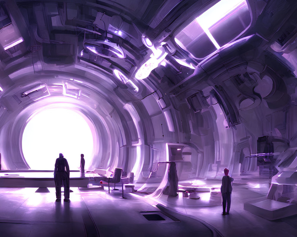 Futuristic room with large portal, purple and white light, silhouettes of two individuals,