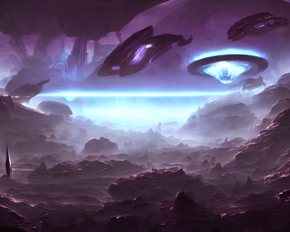 Futuristic sci-fi landscape with towering rock formations and mysterious spacecraft in purple sky