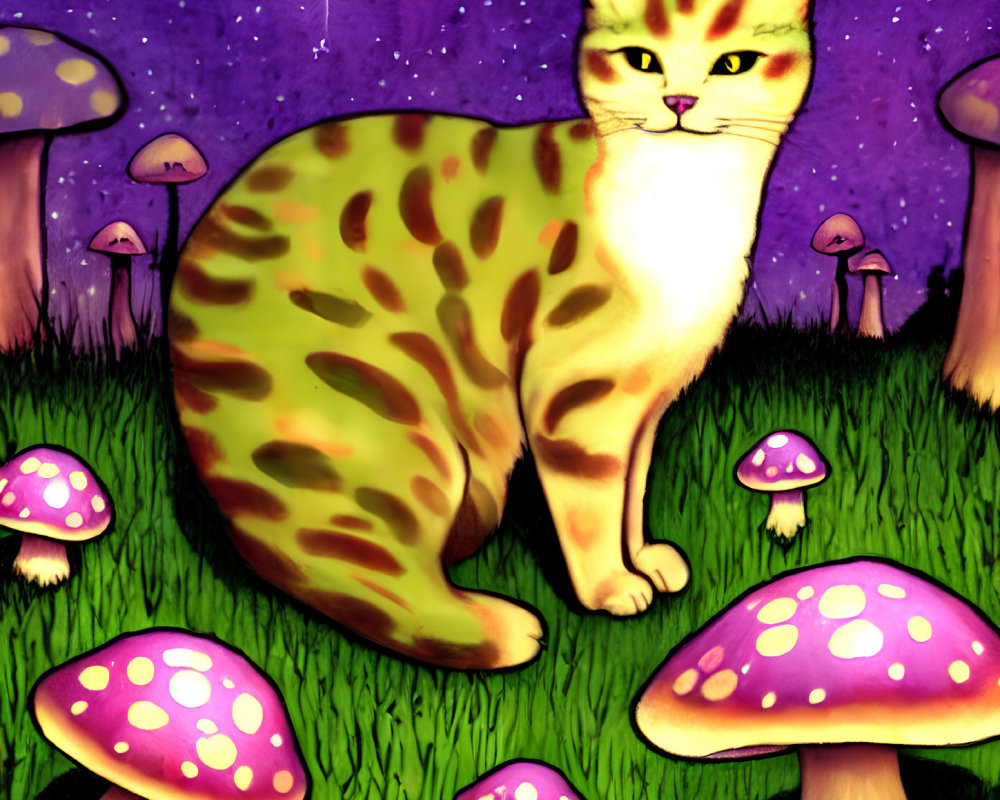 Spotted cat with purple mushrooms under starry sky