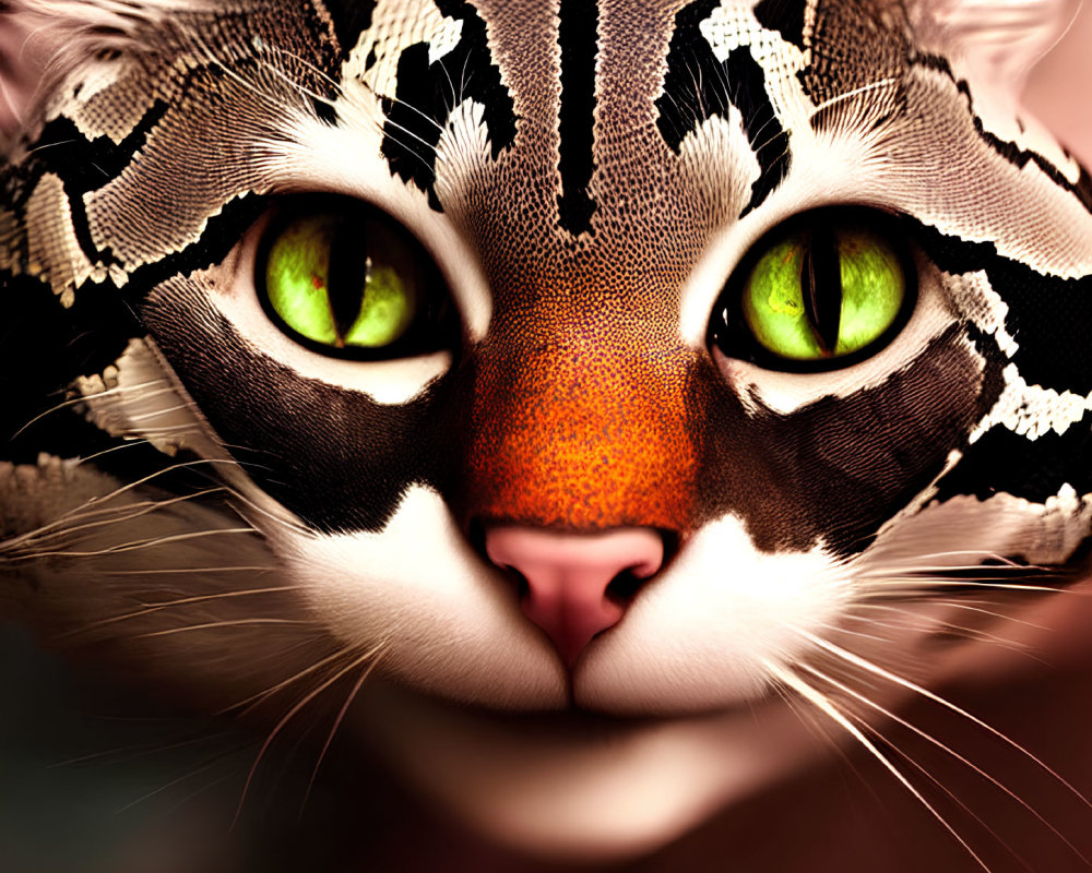 Stylized cat with green eyes and intricate fur patterns