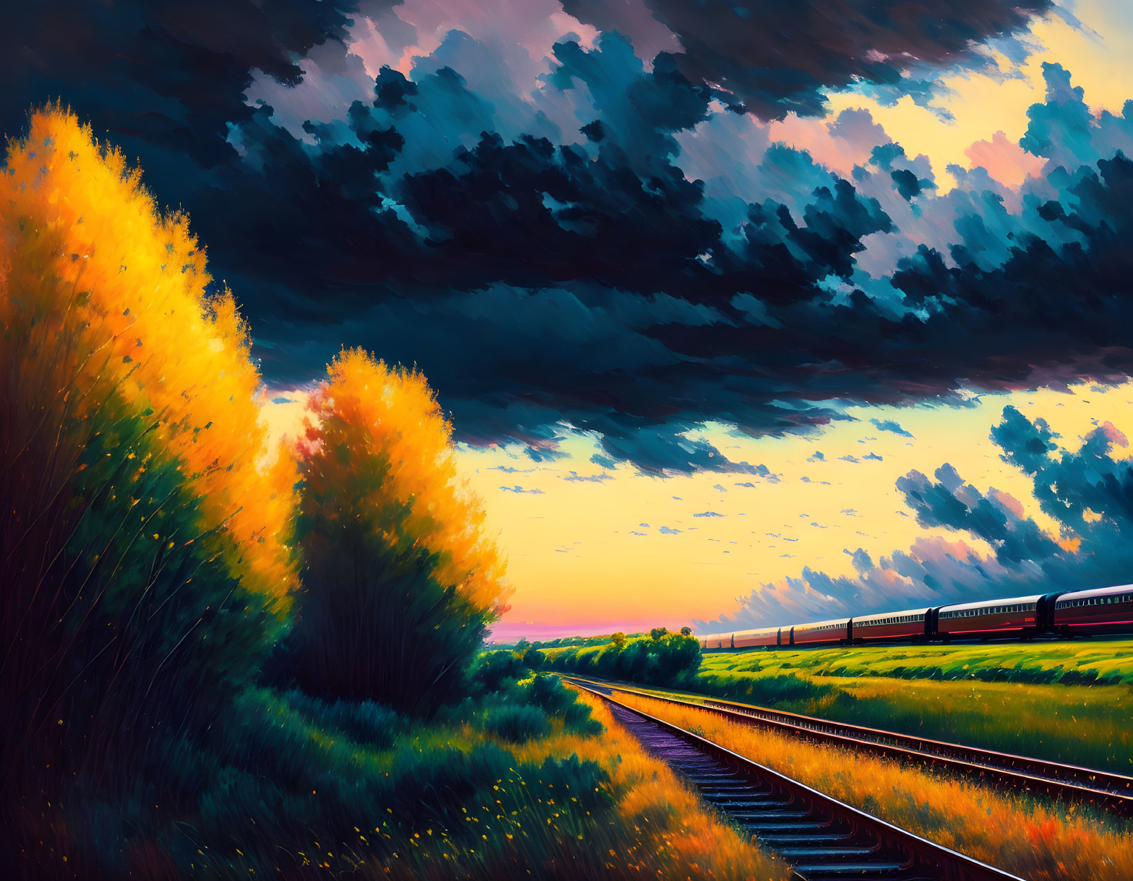 Colorful train passing through autumn countryside under dramatic sunset sky