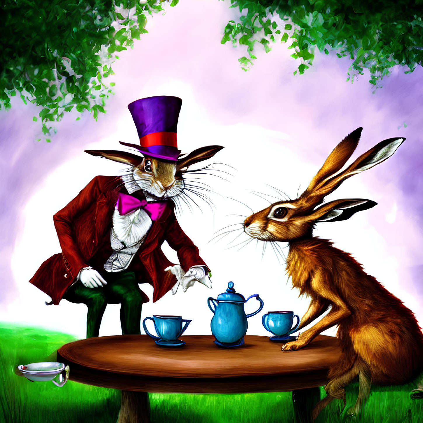 Anthropomorphic rabbit and regular hare having tea under whimsical tree