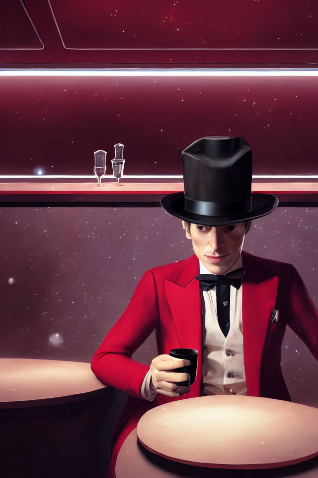 Man in Red Jacket and Top Hat Sitting at Bar with Starry Background Holding Black Cup