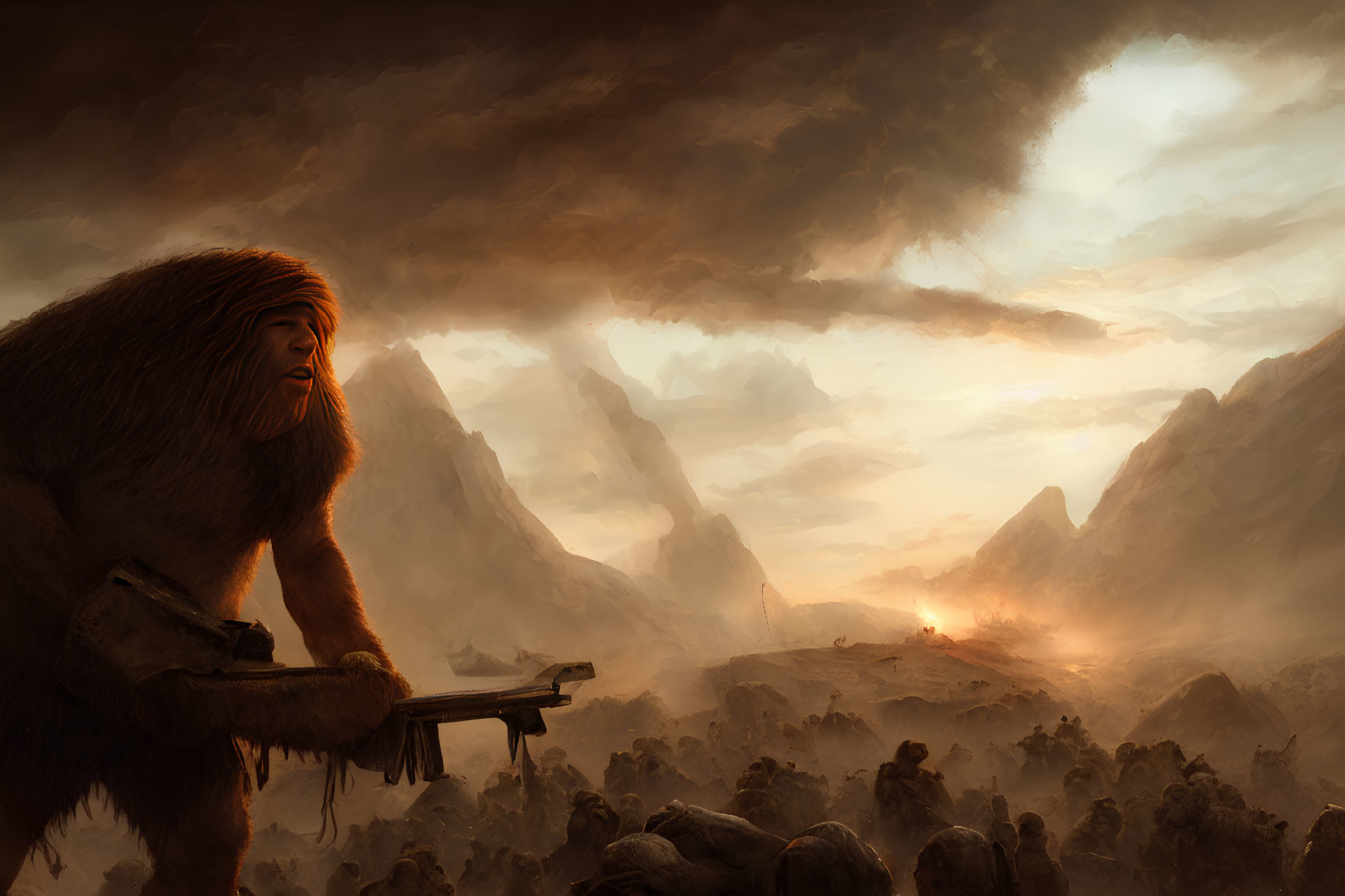 Giant humanoid with long hair holding house in rugged sunset landscape