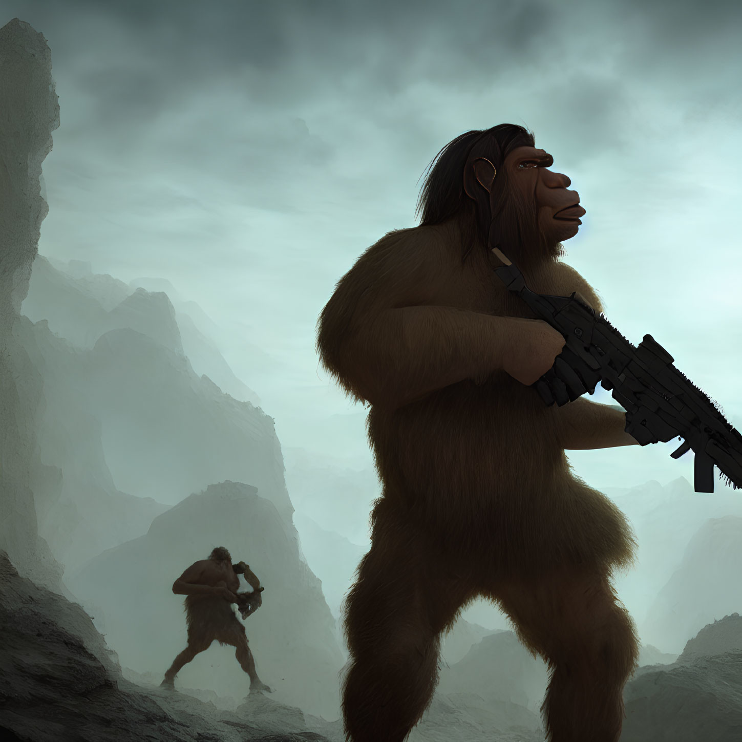 Bipedal ape-like creatures with rifles in misty rocky landscape