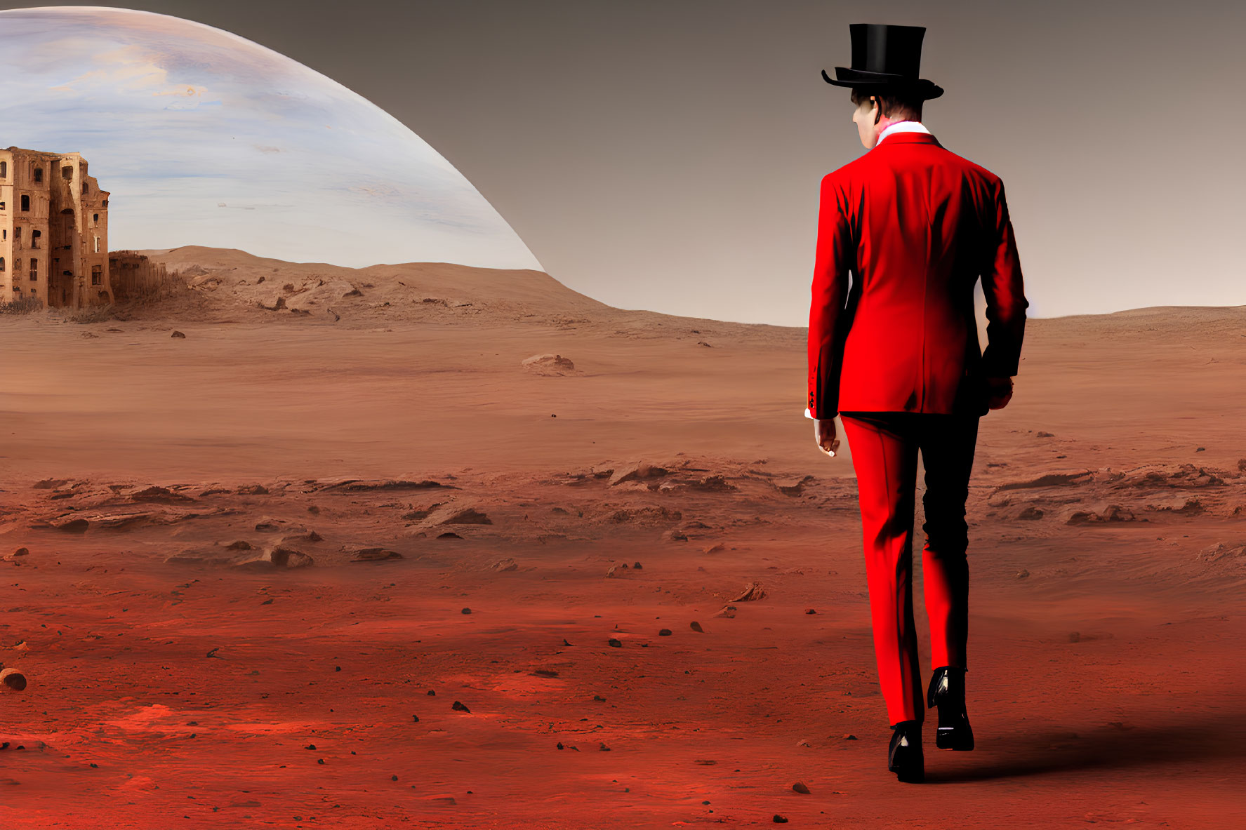 Person in red suit and top hat on Mars-like surface gazes at rising planet