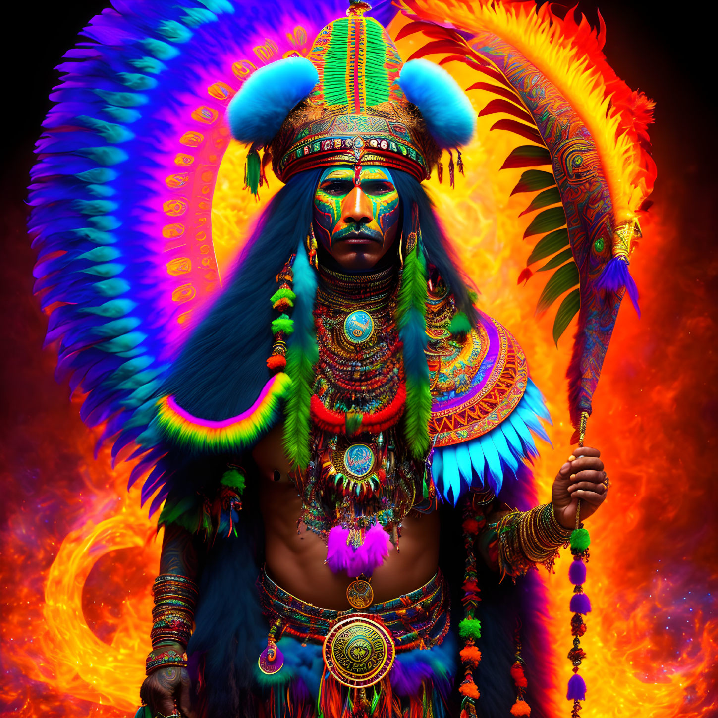 Colorful Indigenous Costume Portrait Against Fiery Background