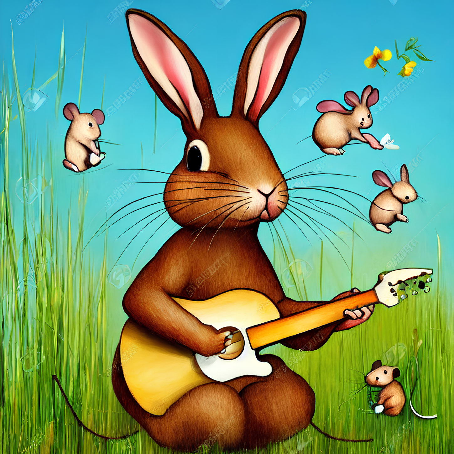 Brown Rabbit Playing Acoustic Guitar in Grass Field with Mice and Butterflies