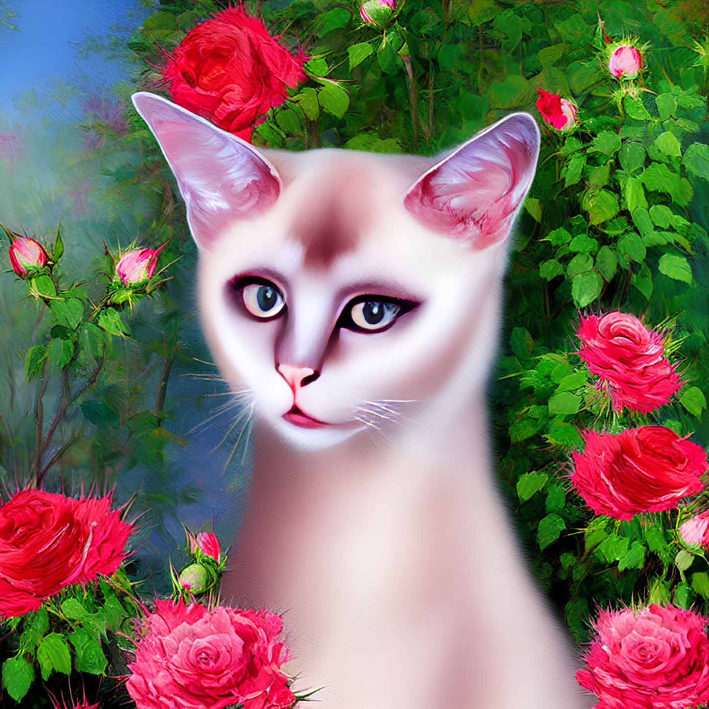 Surreal cat with human-like face among red roses and green foliage