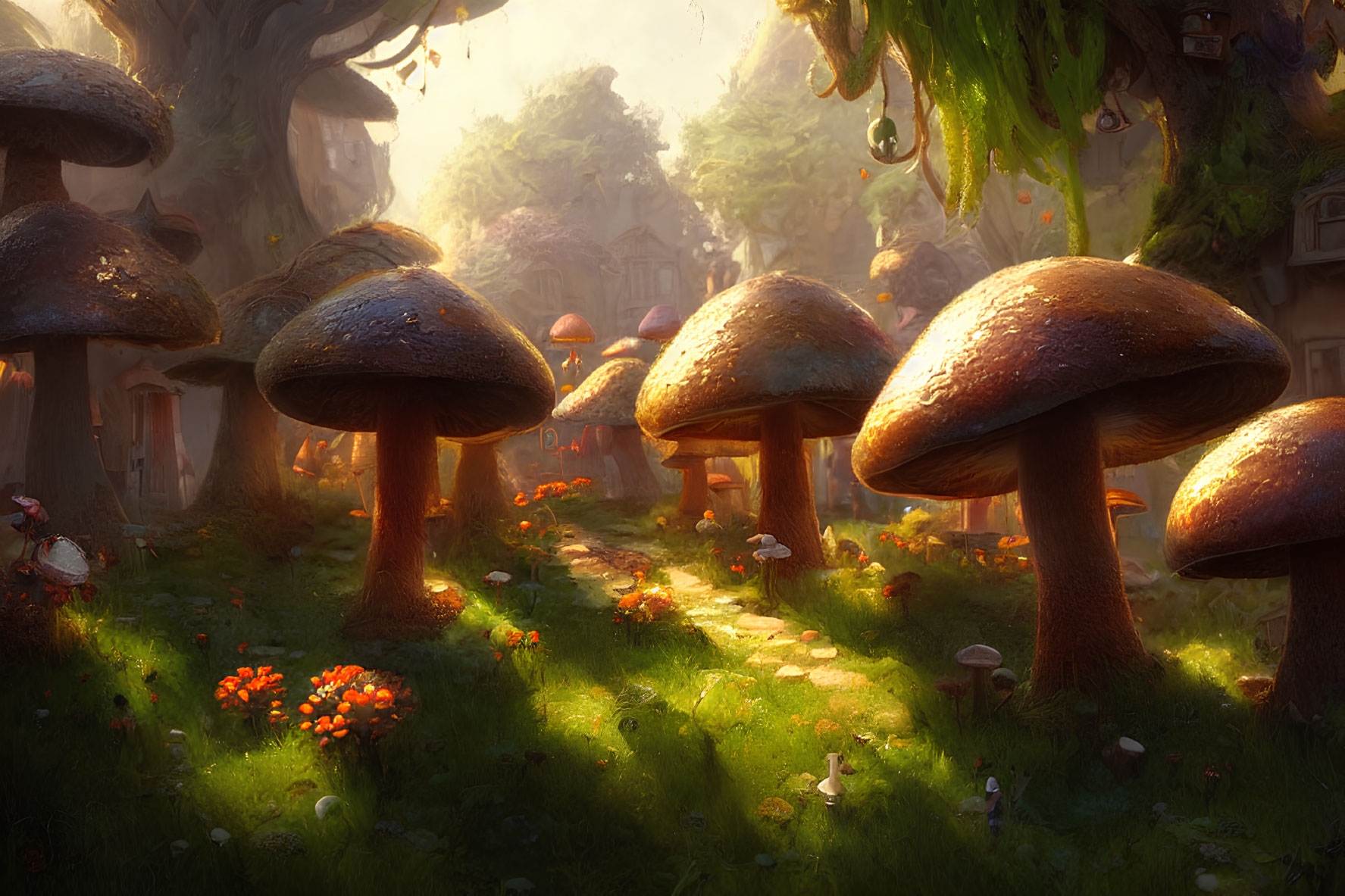 Enchanting forest with oversized mushrooms and quaint houses