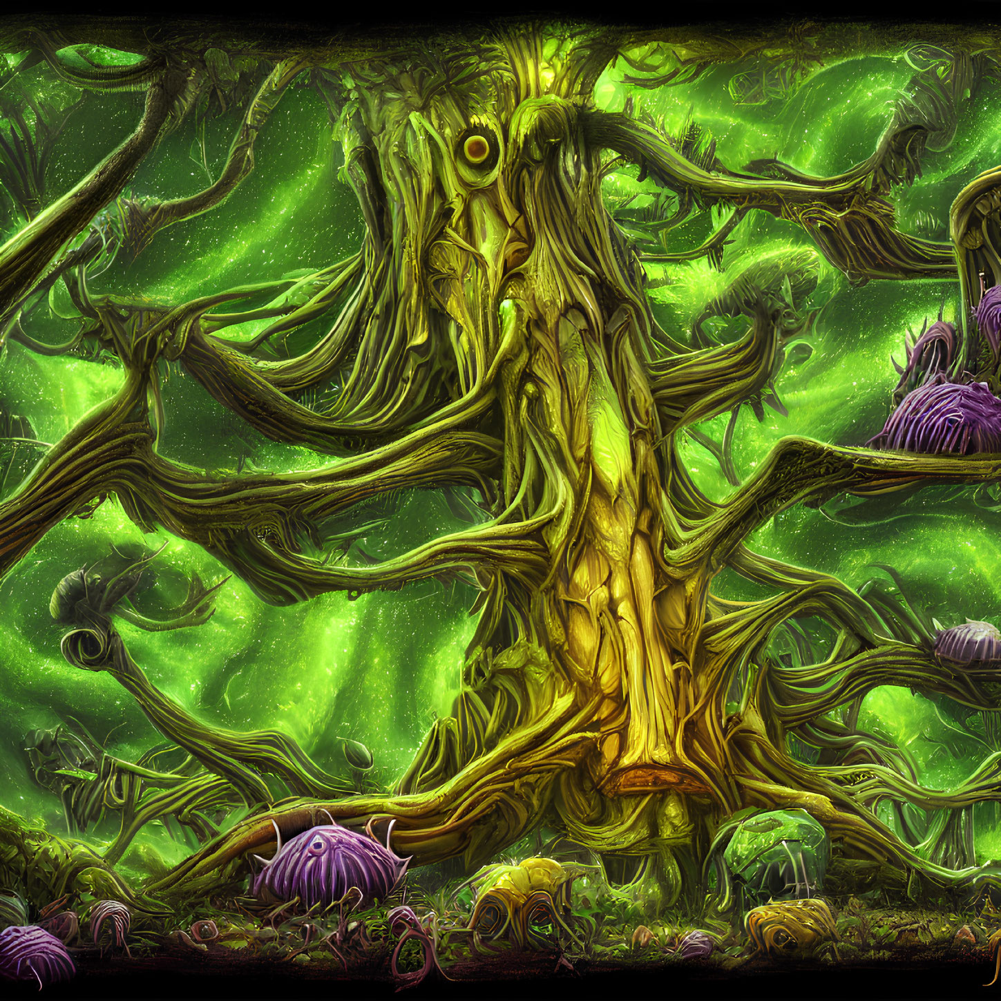 Luminous fantasy forest with massive gnarled tree & glowing plants