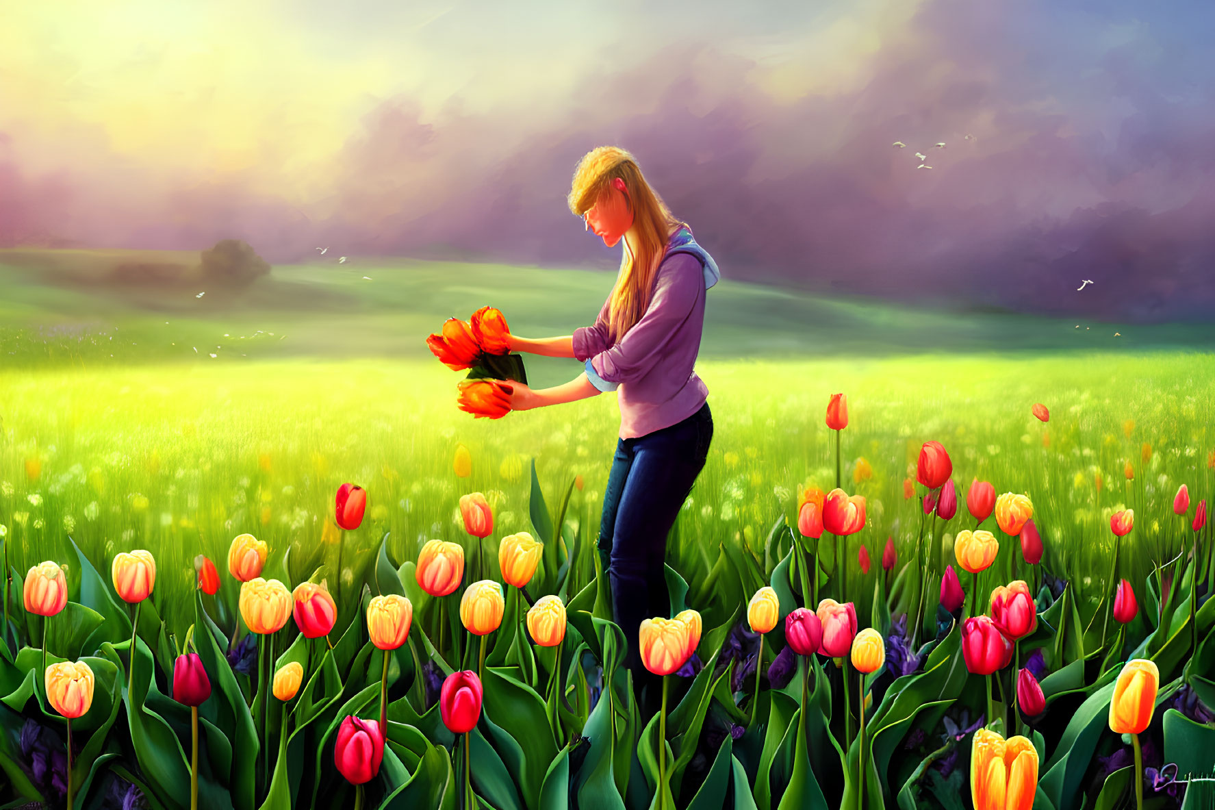 Person standing in vibrant tulip field at sunset with freshly picked flowers