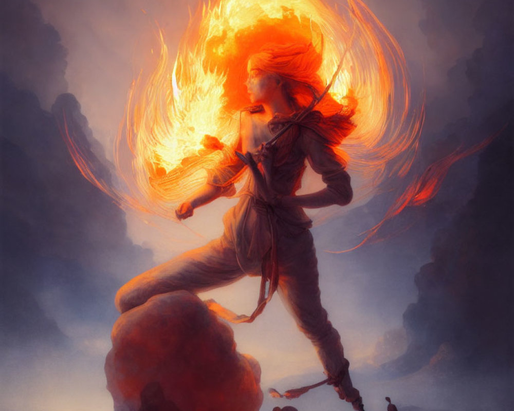 Fiery-haired figure conjures blazing inferno in dramatic sky