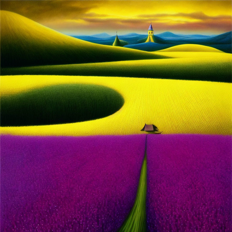 Rolling yellow hills, purple foreground, small house, distant church in twilight sky