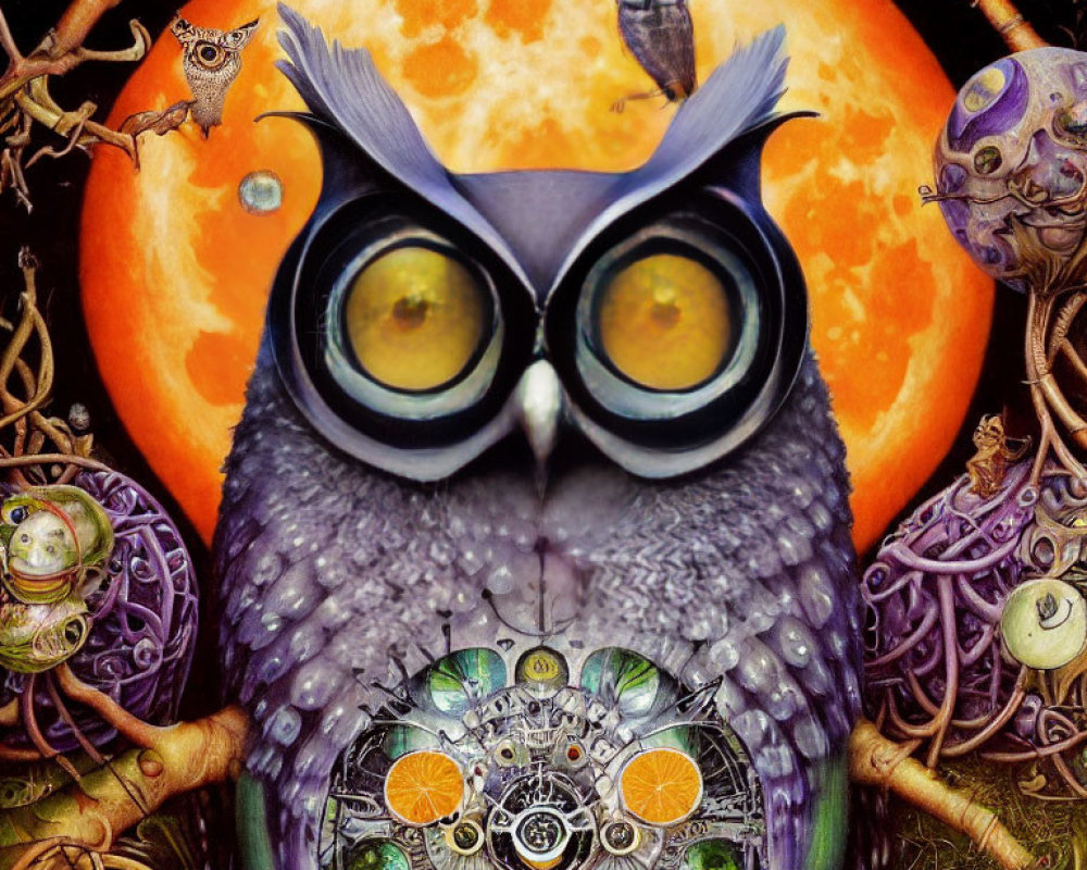 Surreal owl illustration with hypnotic yellow eyes and mechanical body features