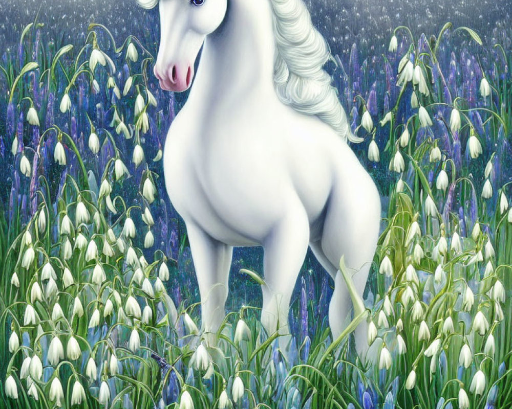 White Unicorn with Pink Horn in Field of Flowers under Starry Night Sky