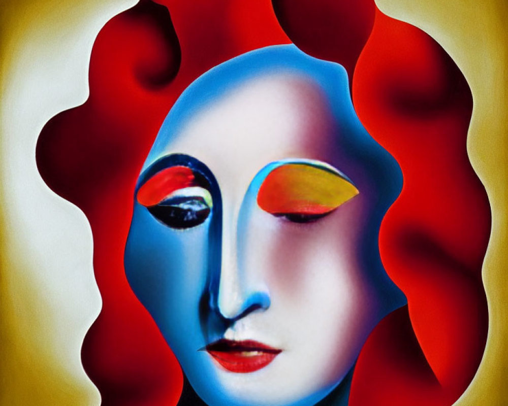 Vibrant surreal digital art: distorted face in red, blue, yellow on white