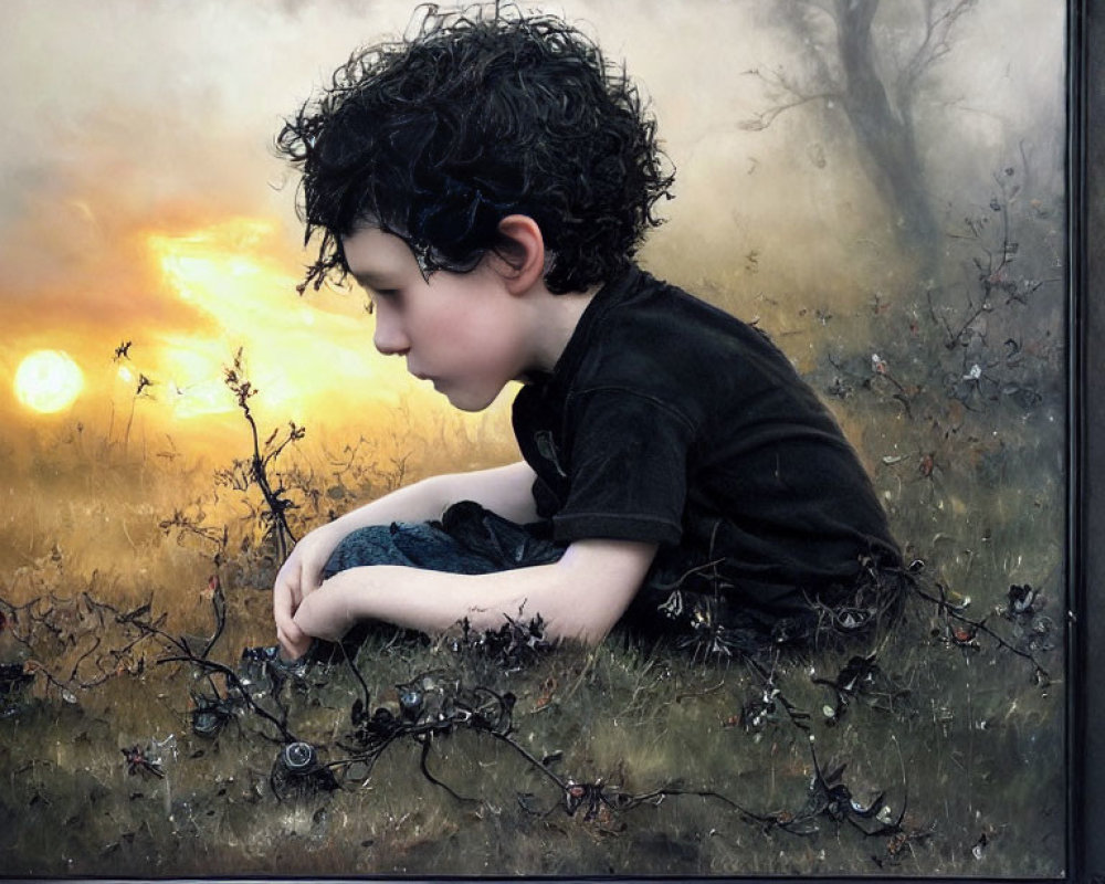 Curly-Haired Boy in Black Shirt Sitting in Field at Sunset