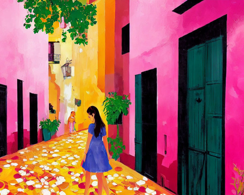 Colorful street scene with woman in blue dress and orange leaves under street lamp