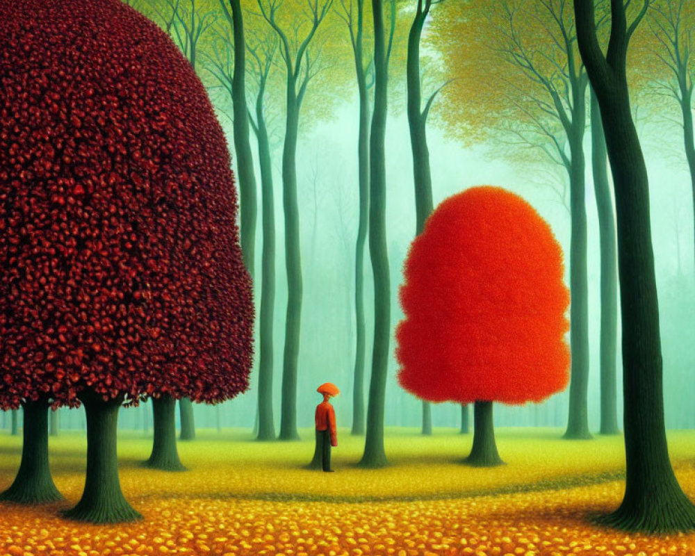 Person in red coat under vibrant autumn trees in mystical forest