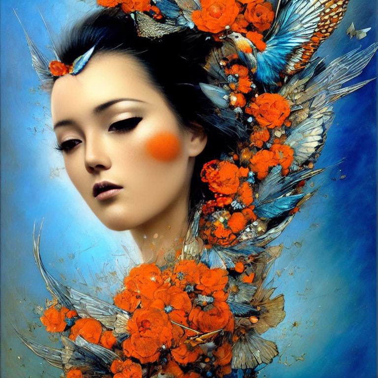 Portrait of Woman with Orange Flowers and Feathers on Blue Background