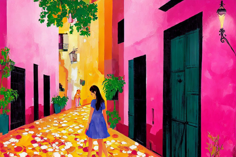 Colorful street scene with woman in blue dress and orange leaves under street lamp