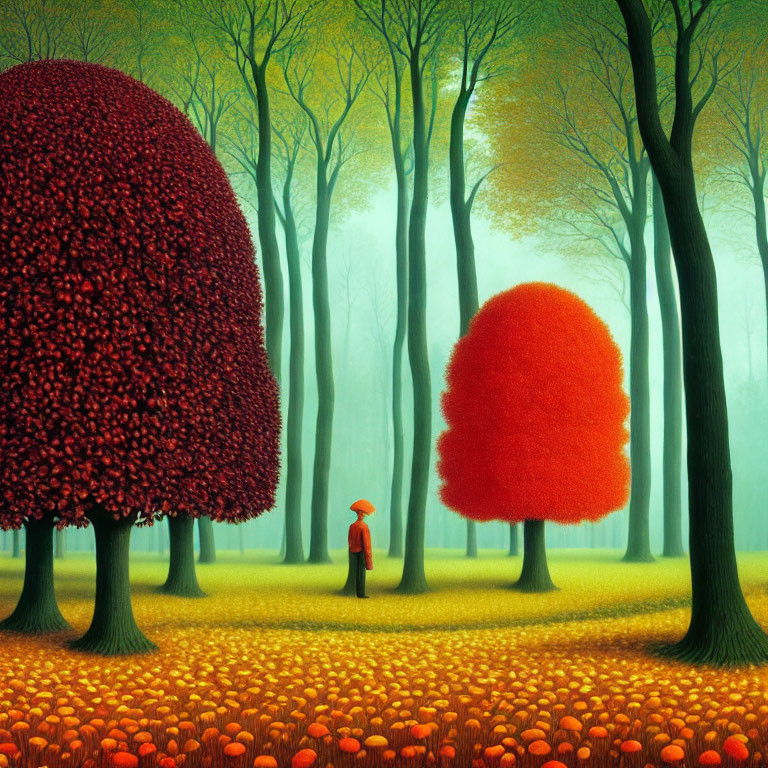 Person in red coat under vibrant autumn trees in mystical forest