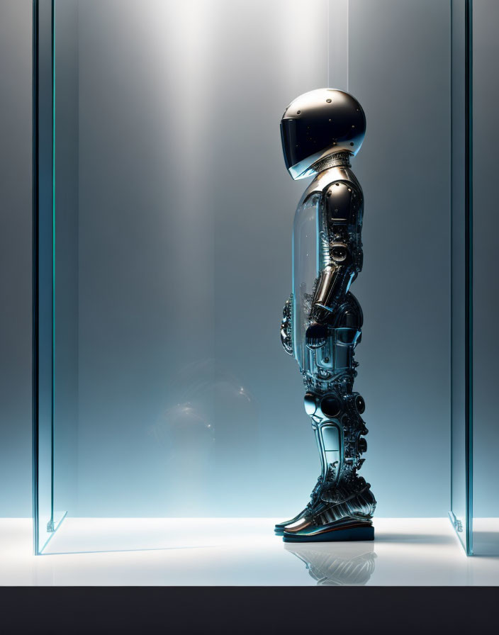 Futuristic black-and-silver humanoid robot in illuminated room