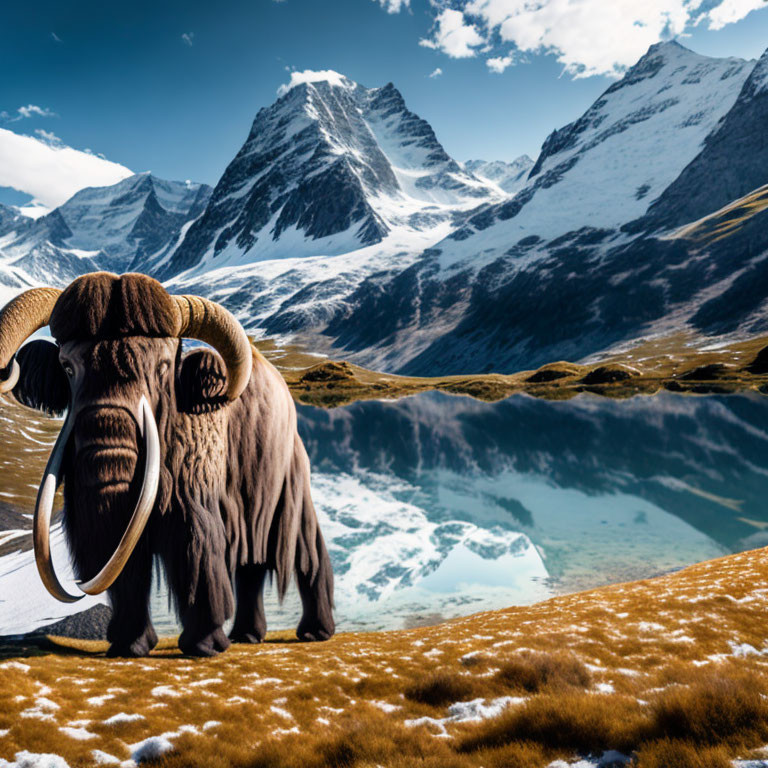 Mammoth by alpine lake with snow-capped mountains