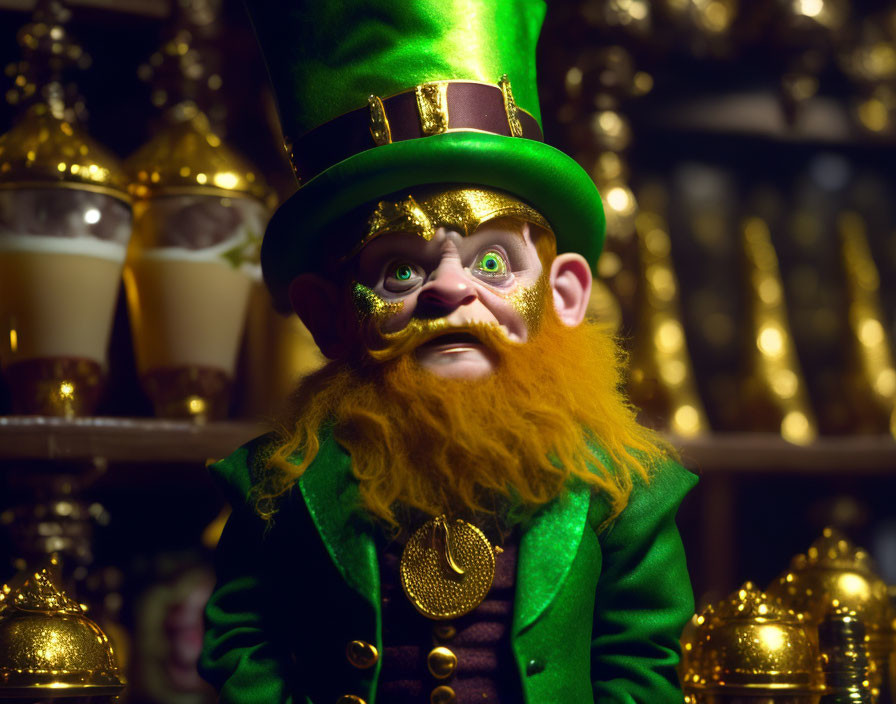 Exaggerated leprechaun figure in green suit and hat on shelf background