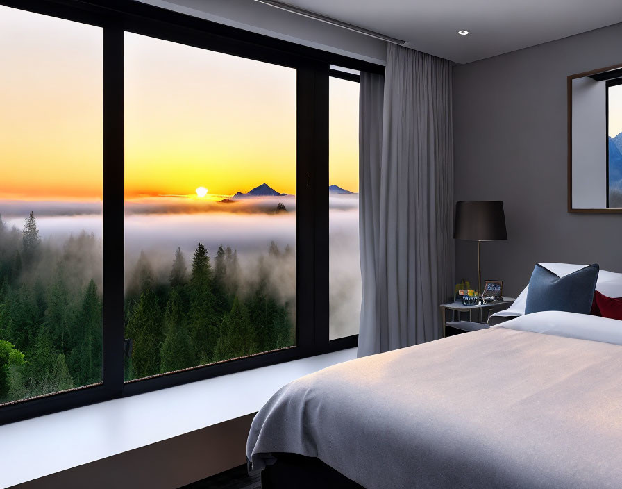 Modern Bedroom with Sunrise View of Misty Forest and Mountains