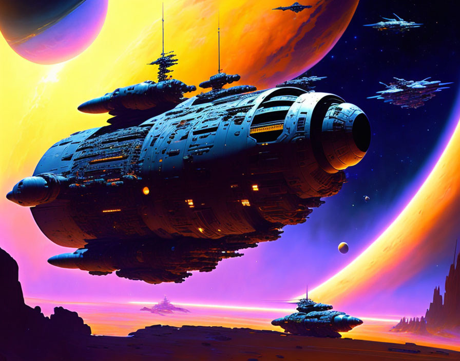 Colorful Sci-Fi Scene: Spaceships Amid Planets and Nebulae