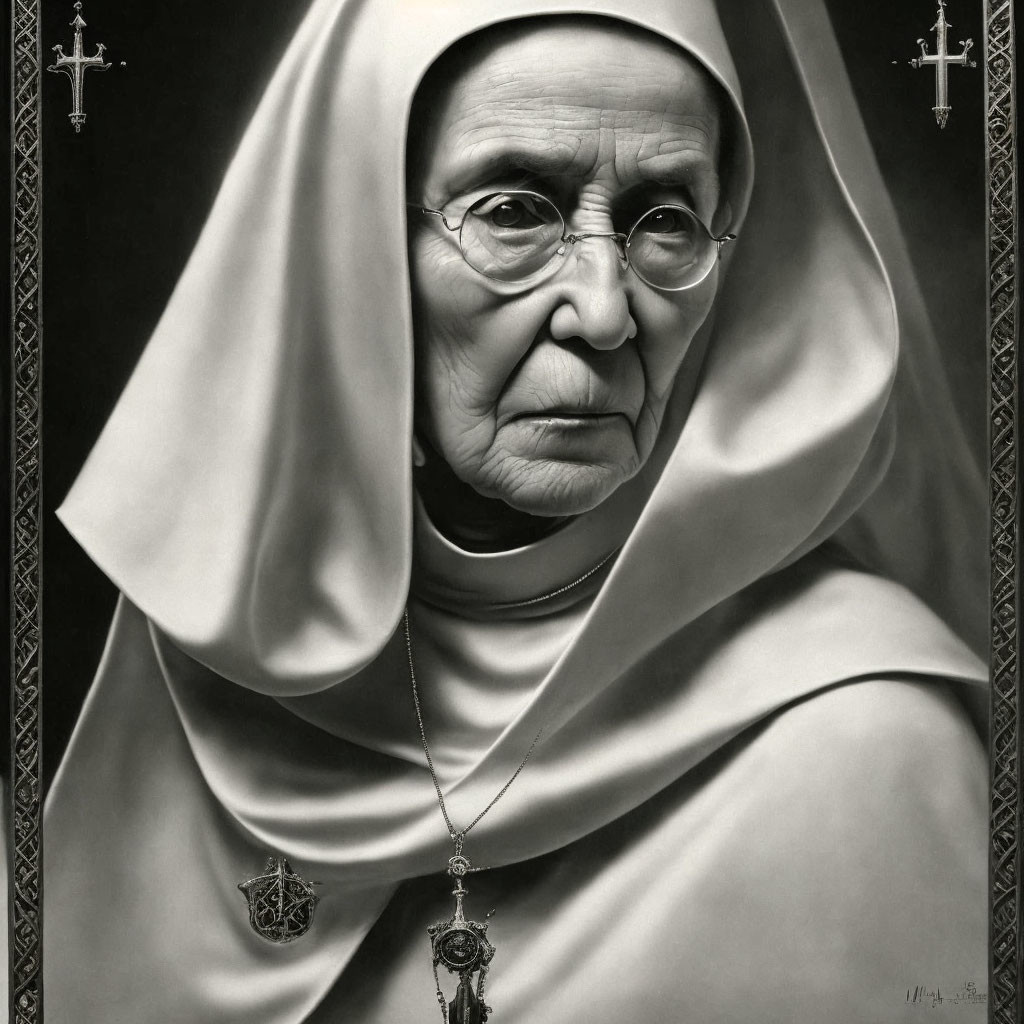 Elderly nun in traditional habit with cross in black and white portrait