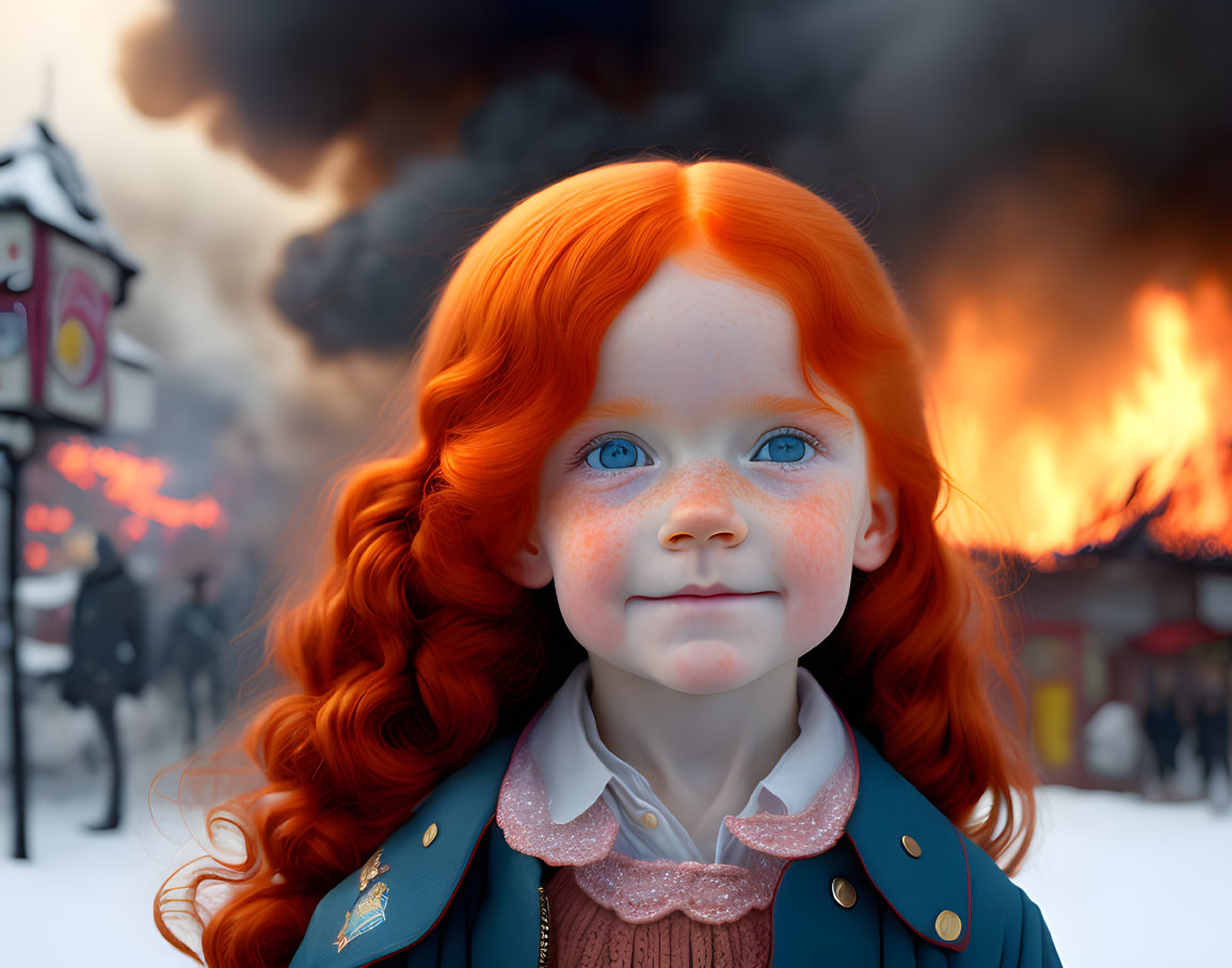 Red-haired girl with blue eyes in calm pose amid fiery chaos.