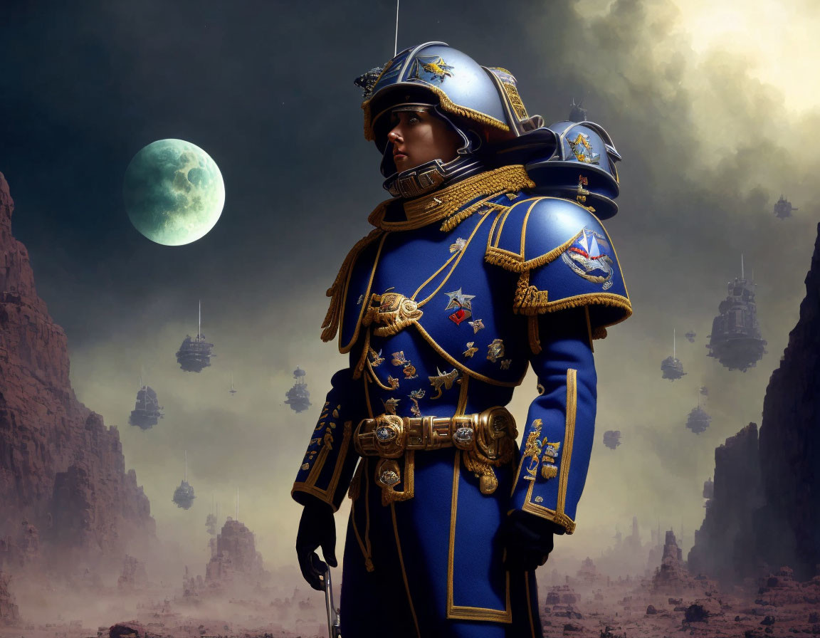 Regal figure in blue armor on alien landscape with hovering ships