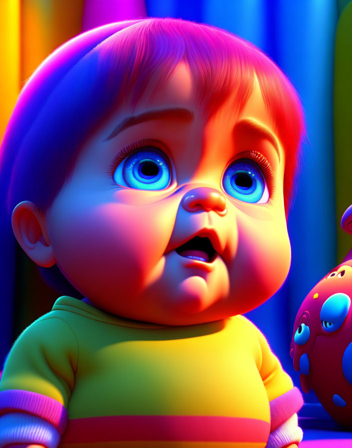 Illustration of surprised baby and toy creature under rainbow lighting