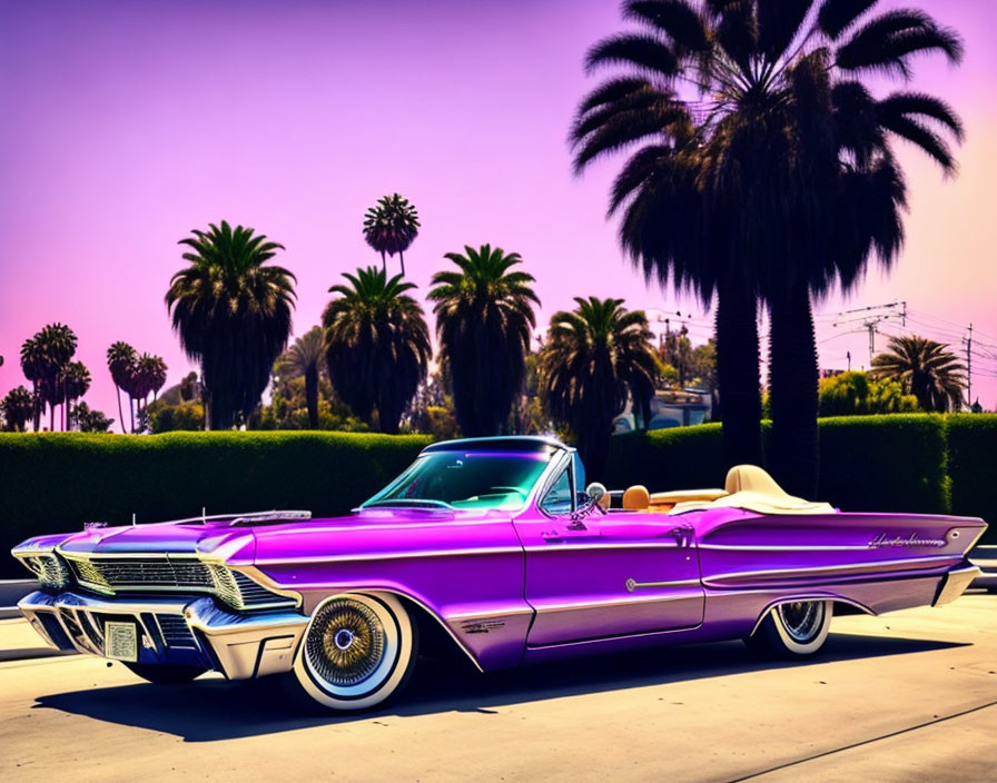 Purple Classic Convertible Car with White-Wall Tires and Palm Trees at Sunset