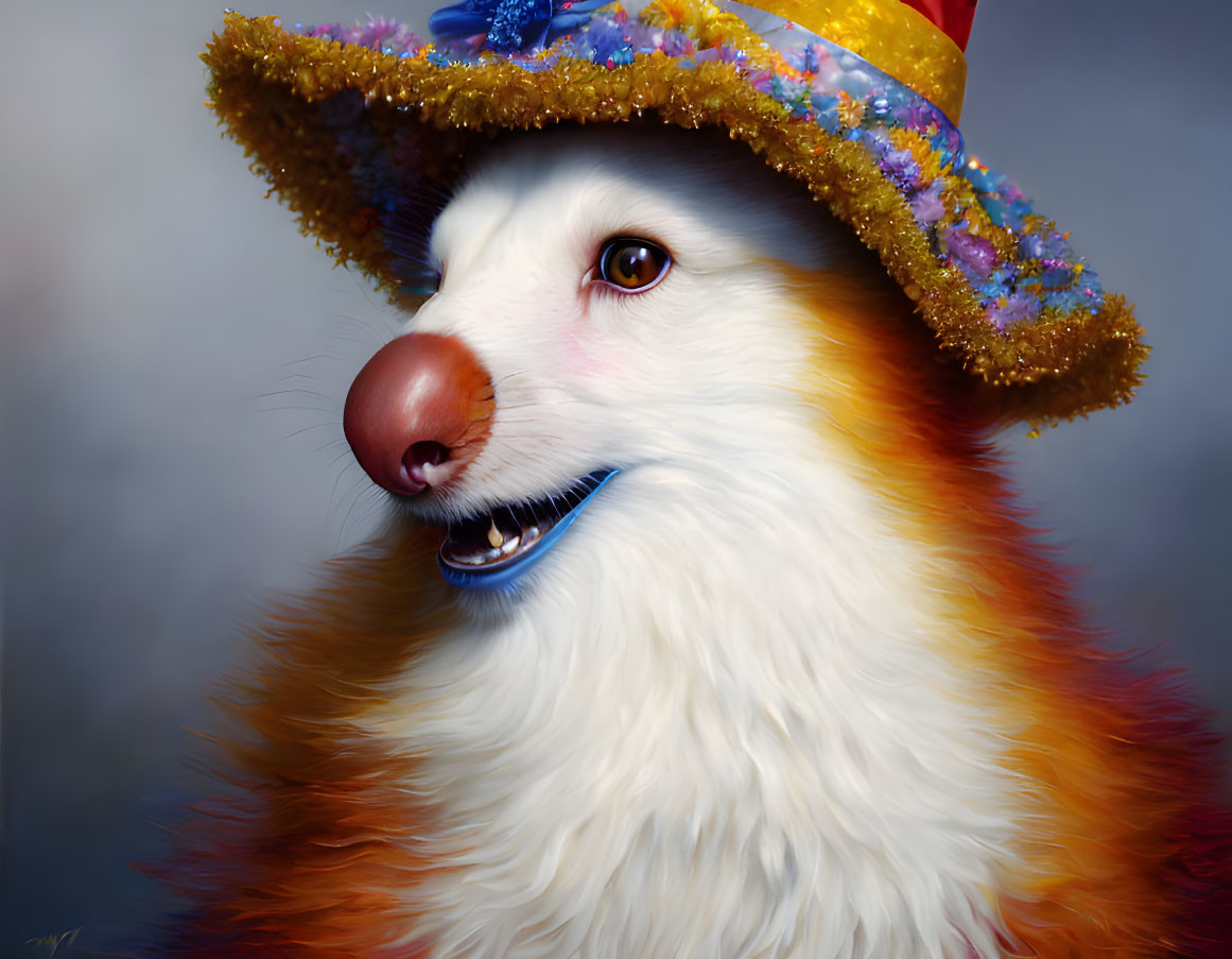 Colorful Anthropomorphic Fox Illustration with Flower Hat