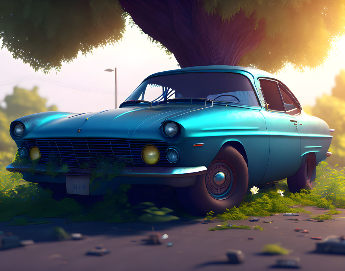 Vintage Blue Car Parked Under Tree with Sunlight and Overgrown Grass