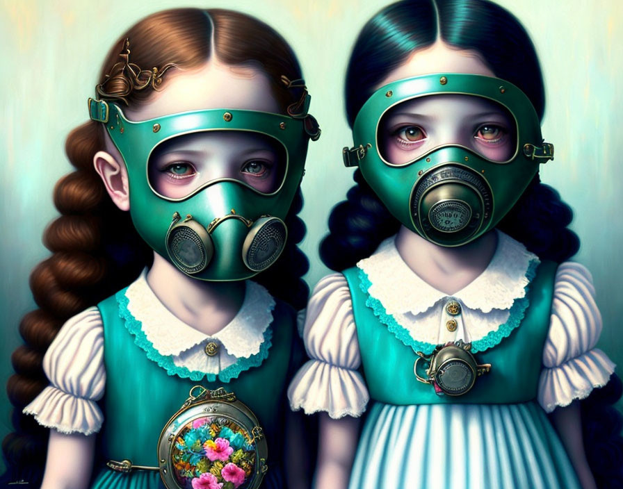 Two girls in vintage dresses wearing steampunk-style gas masks and holding a flower-adorned pocket