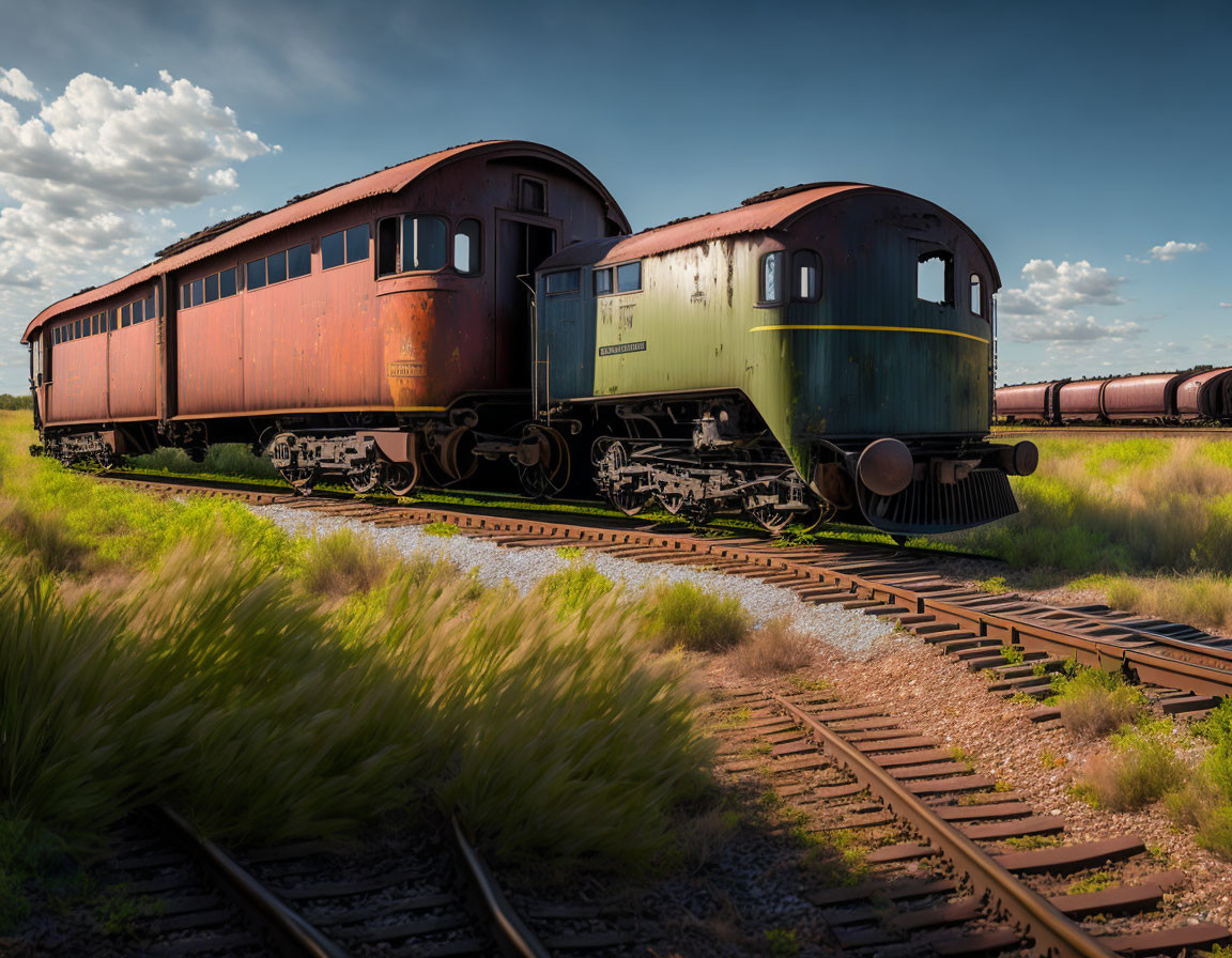 Vintage Train Carriages on Old Tracks with Cloudy Blue Sky