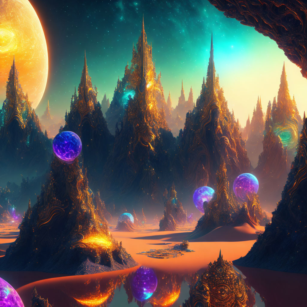 Fantastical landscape with glowing trees and floating orbs under an alien twilight