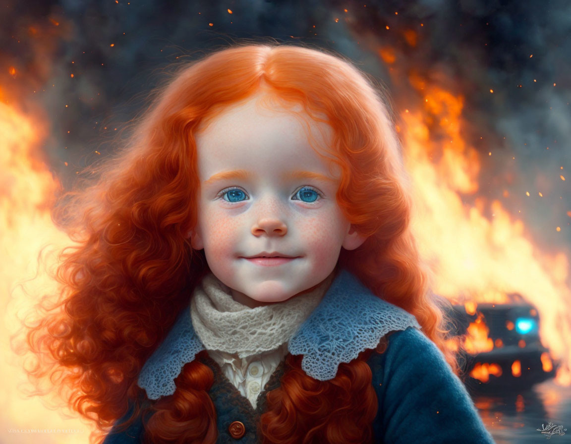 Young girl with red curly hair and blue eyes in digital portrait against fiery backdrop.